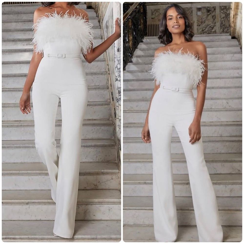 Nadine Merabi Jumpsuit White Colette Strapless Feathers New Size Small 6 - Picture 12 of 15